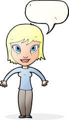 cartoon woman shrugging shoulders with speech bubble