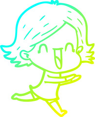 cold gradient line drawing of a cartoon happy woman