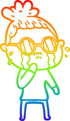 rainbow gradient line drawing of a cartoon crying woman wearing spectacles