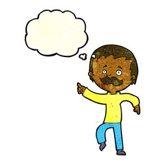 cartoon man with mustache pointing with thought bubble