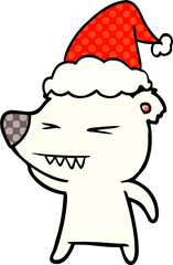 angry polar bear hand drawn comic book style illustration of a wearing santa hat