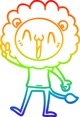 rainbow gradient line drawing of a happy cartoon lion