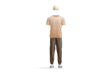 Blank colored t-shirt, baseball cap, sweatpants and sneakers mockup, isolated