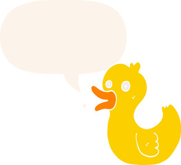 cartoon quacking duck with speech bubble in retro style