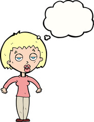 cartoon woman shrugging shoulders with thought bubble