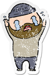 distressed sticker of a cartoon bearded man crying