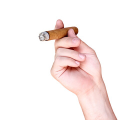Young man holding Cuban cigar in hand and smoking - isolated png - obrazy, fototapety, plakaty