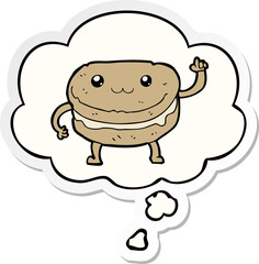 cartoon waving cake character with thought bubble as a printed sticker