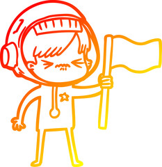 warm gradient line drawing of a angry cartoon space girl waving flag