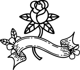 traditional black linework tattoo with banner of rose