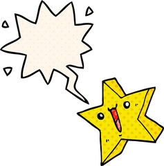 cartoon happy star with speech bubble in comic book style