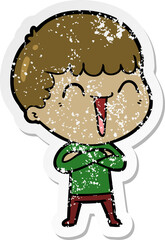 distressed sticker of a cartoon happy man