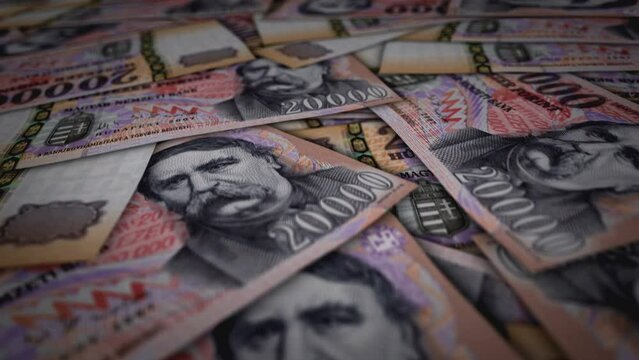 Hungarian Forint 20000 HUF banknote surface. Flying over Hungary money note. 3D abstract concept of business, inflation, economy, finance, crisis and banking. Seamless and looped.