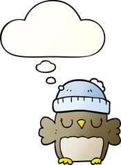 cute cartoon owl in hat with thought bubble in smooth gradient style