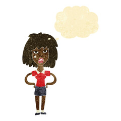 cartoon tough woman with thought bubble