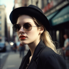 Street portrait of a young elegant fashionable woman wearing black hat and sunglasses. Created with Generative AI technology