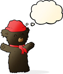 cartoon cute black bear in hat and scarf with thought bubble