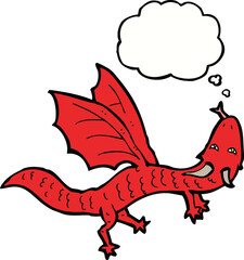 cartoon little dragon with thought bubble