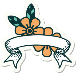 tattoo style sticker with banner of flowers