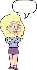 cartoon woman with crossed arms with speech bubble