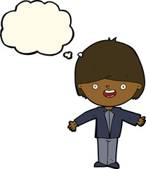 cartoon happy boy with open arms with thought bubble