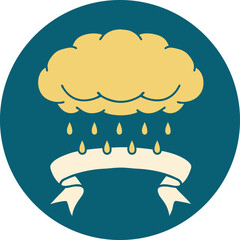 tattoo style icon with banner of a cloud raining