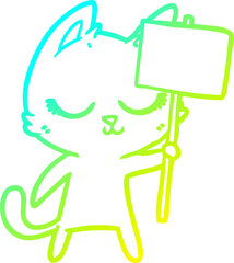 cold gradient line drawing of a calm cartoon cat with placard