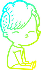 cold gradient line drawing of a cartoon squinting girl