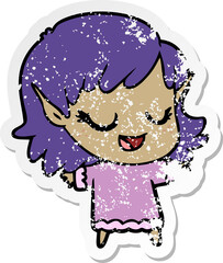 distressed sticker of a happy cartoon elf girl