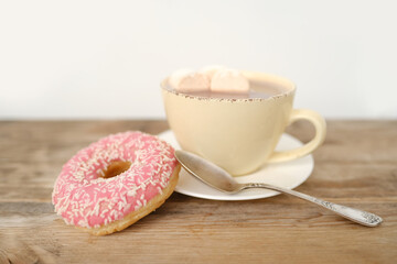 cup with drink coffee cappuccino, hot chocolate, marshmallows, garlands, winter clothes, caffeine improves functioning of human brain, stimulates nervous system, health benefits and harms, copy space