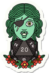 sticker of a half orc rogue with natural 20 dice roll
