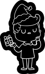 quirky cartoon icon of a man wondering wearing santa hat