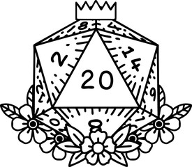 Black and White Tattoo linework Style natural 20 D20 dice roll with floral elements