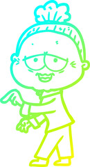 cold gradient line drawing of a cartoon happy old lady