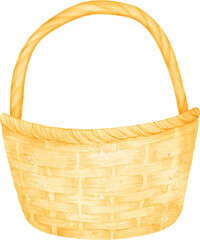 Empty wicker wooden picnic basket with handle watercolor illustration