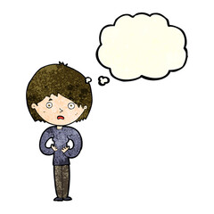 cartoon woman making Who Me? gesture with thought bubble