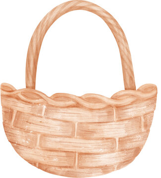 Empty Wicker Wooden Picnic Basket With Handle Watercolor Illustration