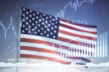Double exposure of virtual creative financial diagram on US flag and blue sky background, banking and accounting concept