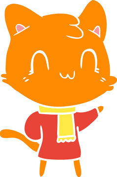 flat color style cartoon happy cat wearing scarf
