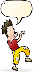 cartoon happy man doing funny dance with speech bubble