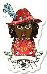 Retro Tattoo Style human bard character with natural 20 dice roll