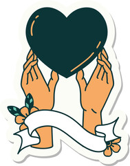 tattoo style sticker with banner of hands reaching for a heart