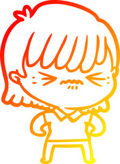 warm gradient line drawing of a annoyed cartoon girl
