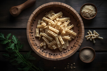 Bamboo shoots in a bowl on a wooden table