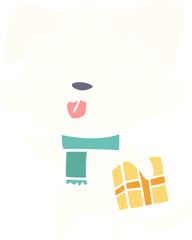 flat color style cartoon dog with xmas gift