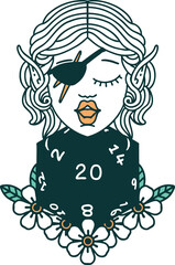 Retro Tattoo Style elf rogue character with natural twenty dice roll