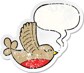cartoon bird with speech bubble distressed distressed old sticker