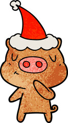 hand drawn textured cartoon of a content pig wearing santa hat