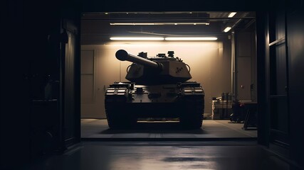 A military tank parked in a secret military warehouse ready to be used on the battlefield, generative ai