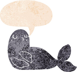 cartoon seal with speech bubble in grunge distressed retro textured style